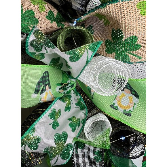 Handmade St. Patrick’s Day Lucky and Gnome it Ribbon Prelit Wreath 22 in LED W15 - Picture 7 of 12